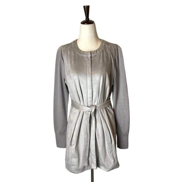 H By Halston Gray Faux Suede Knit Sleeves Tie Waist Trench Coat Jacket Size 8 - Picture 2 of 12